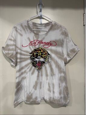 Ed Hardy White Tie-Dye Tee with Multicolor Tiger and Pink Script